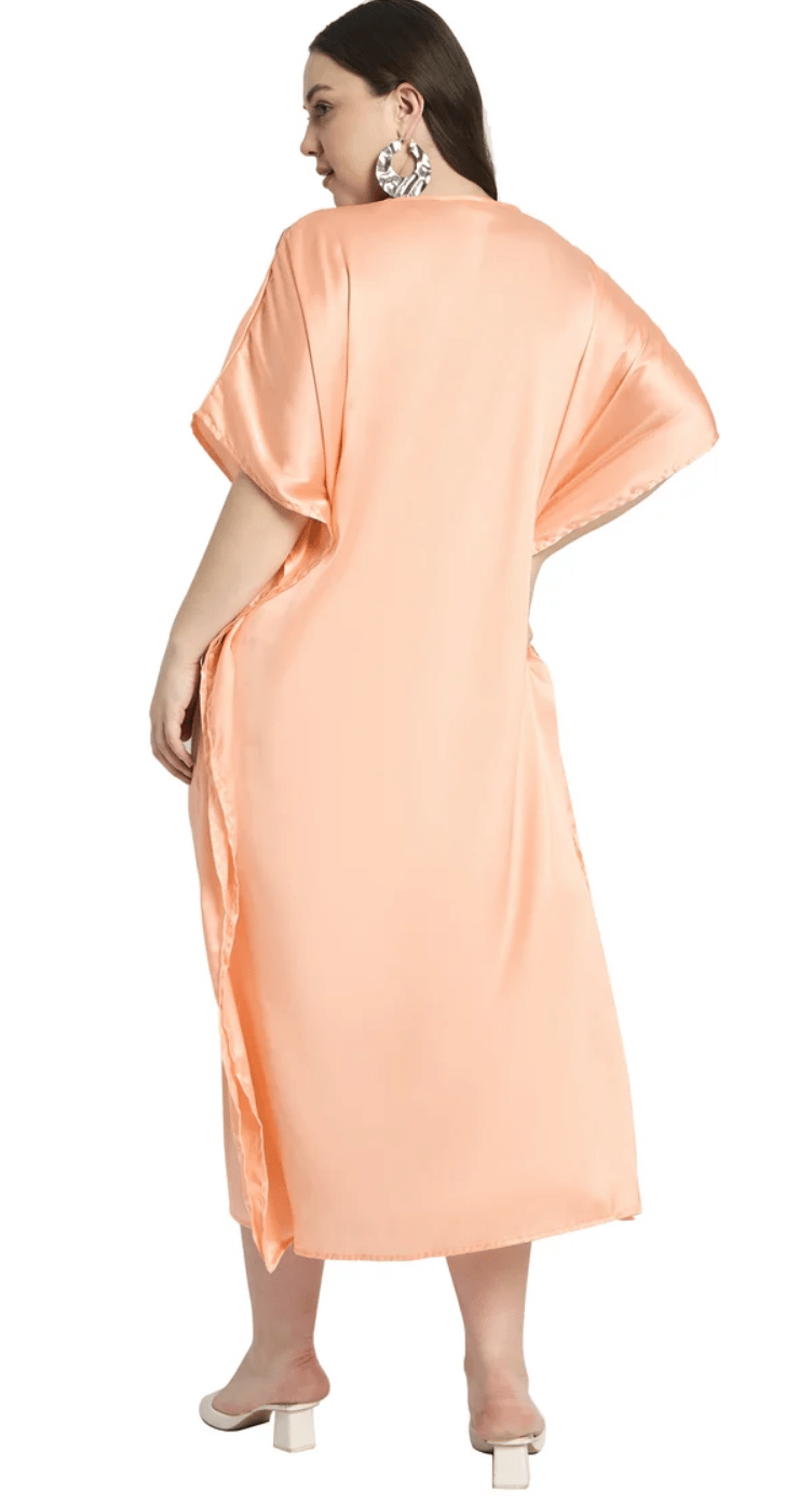 Light Peach Embroidered Side-Trim Satin Plus Size Kaftan Dress for Women 1X-3X | GypsieBlu