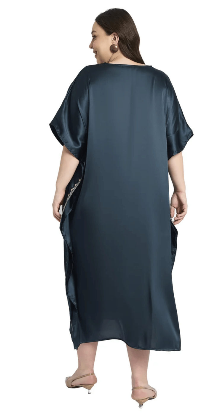 Gray Embroidered Kimono Side-Trim Satin Plus Size Kaftan Dress for Women 1X-3X V Neck | GypsieBlu