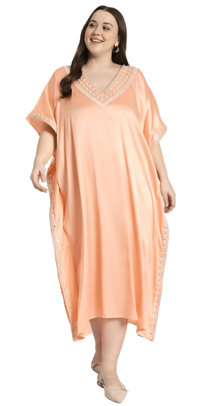 Light Peach Embroidered Kimono Side-Trim Satin Plus Size Kaftan Dress for Women 1X-3X | GypsieBlu