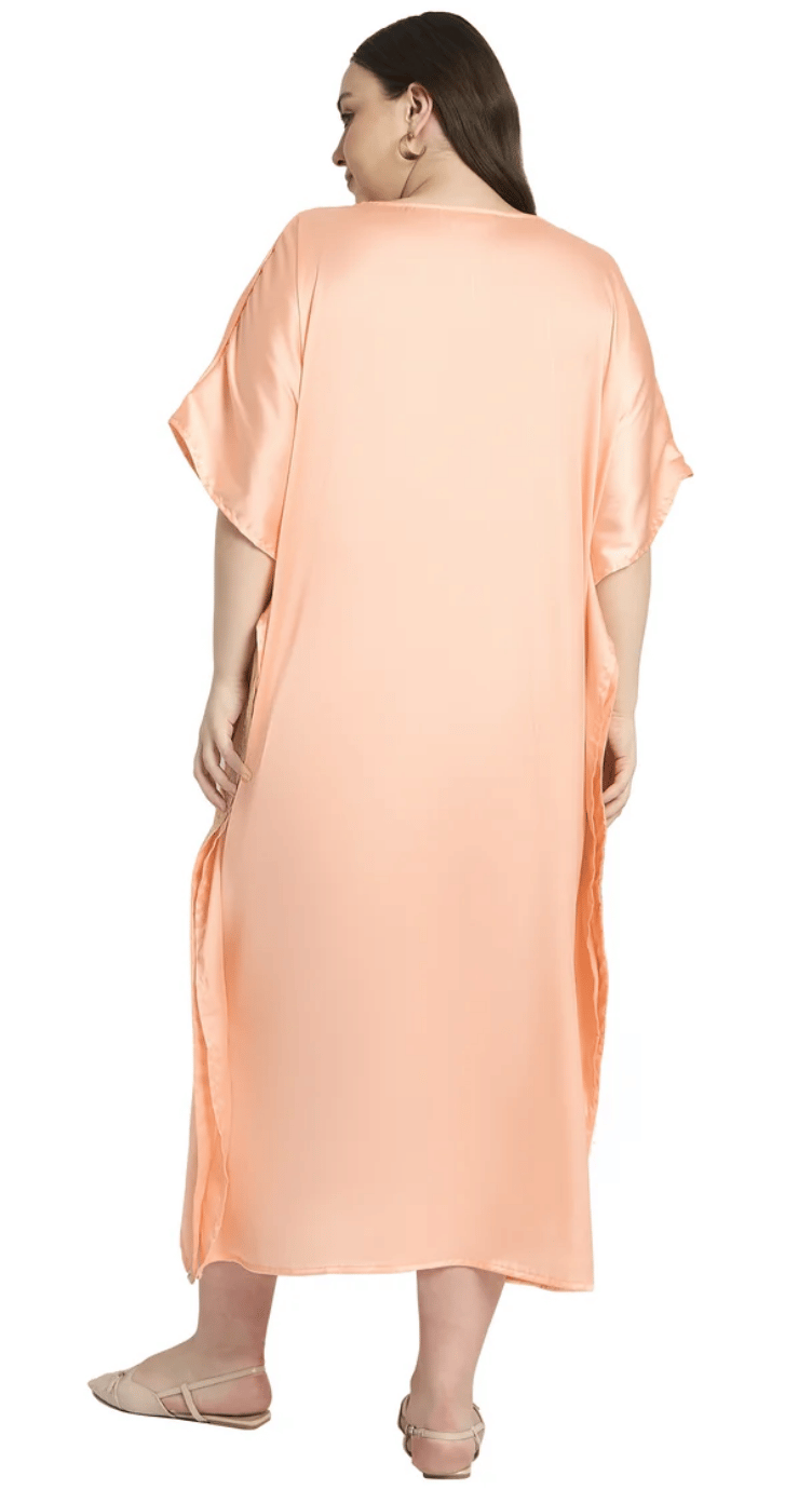 Light Peach Embroidered Kimono Side-Trim Satin Plus Size Kaftan Dress for Women 1X-3X | GypsieBlu