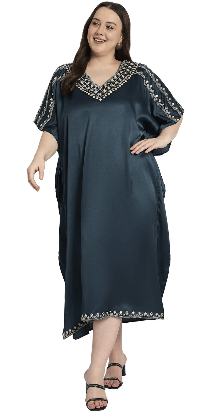Gray Embroidered Shoulder-Trim Satin Plus Size Kaftan Dress for Women 1X-3X V Neck | GypsieBlu