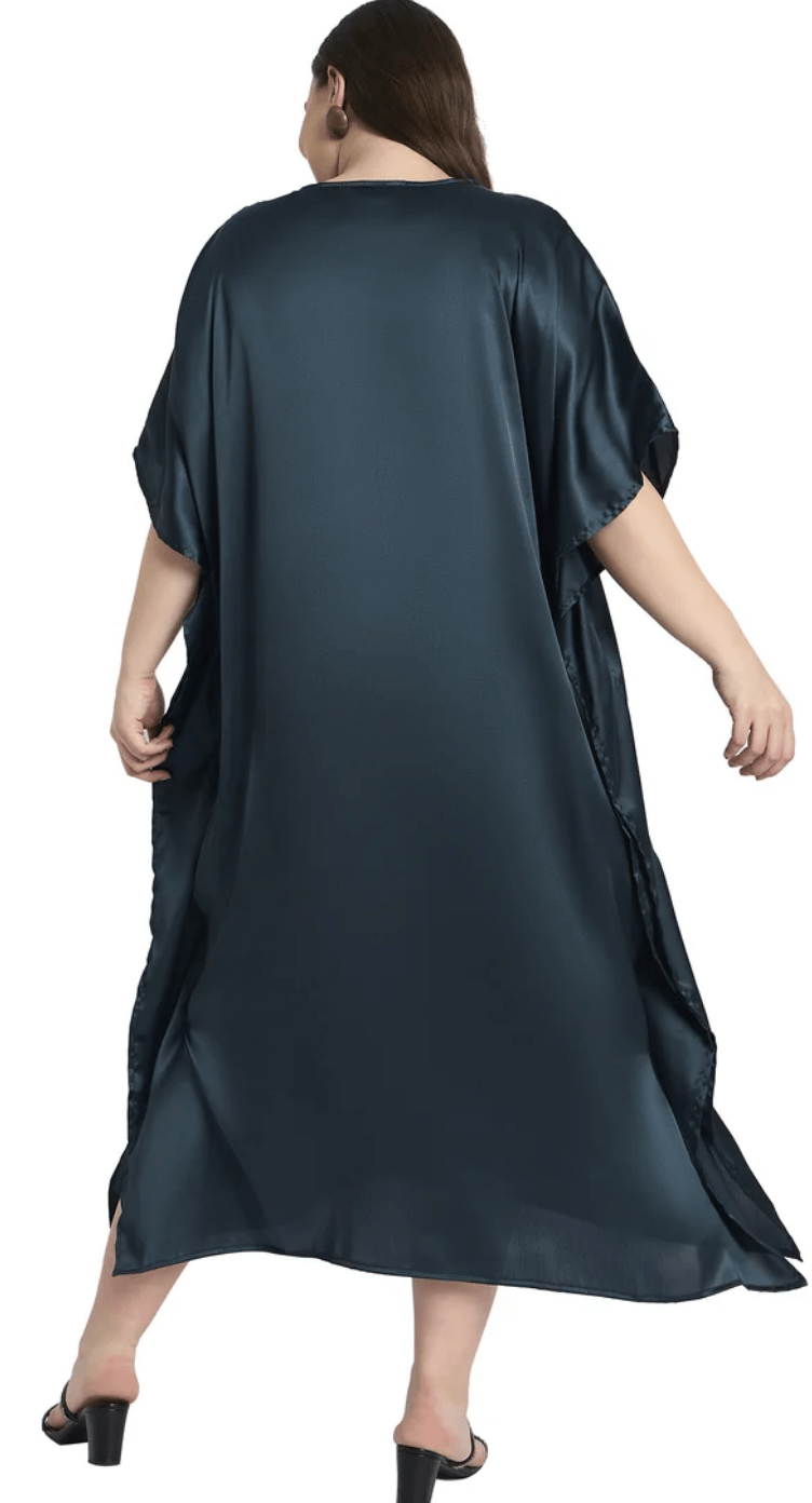 Gray Embroidered Shoulder-Trim Satin Plus Size Kaftan Dress for Women 1X-3X V Neck | GypsieBlu