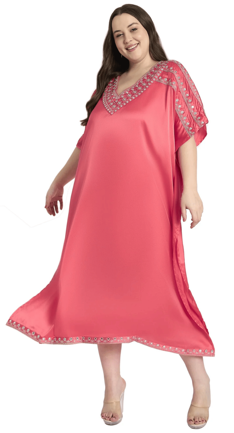 Salmon Pink Embroidered Satin Plus Size Kaftan Dress for Women 1X-3X V Neck | GypsieBlu