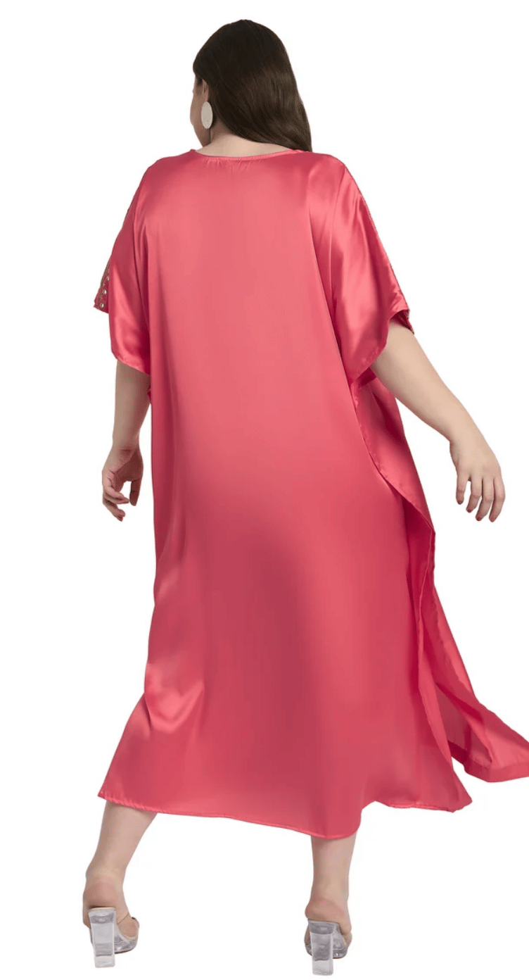 Salmon Pink Embroidered Satin Plus Size Kaftan Dress for Women 1X-3X V Neck | GypsieBlu