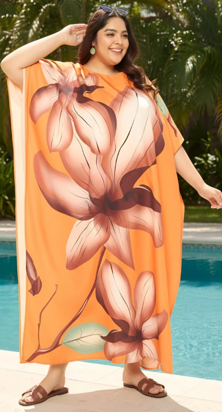 Pastel Orange Bold Magnolia Polyester Plus Size Kaftan for Women 1X-3X | GypsieBlu