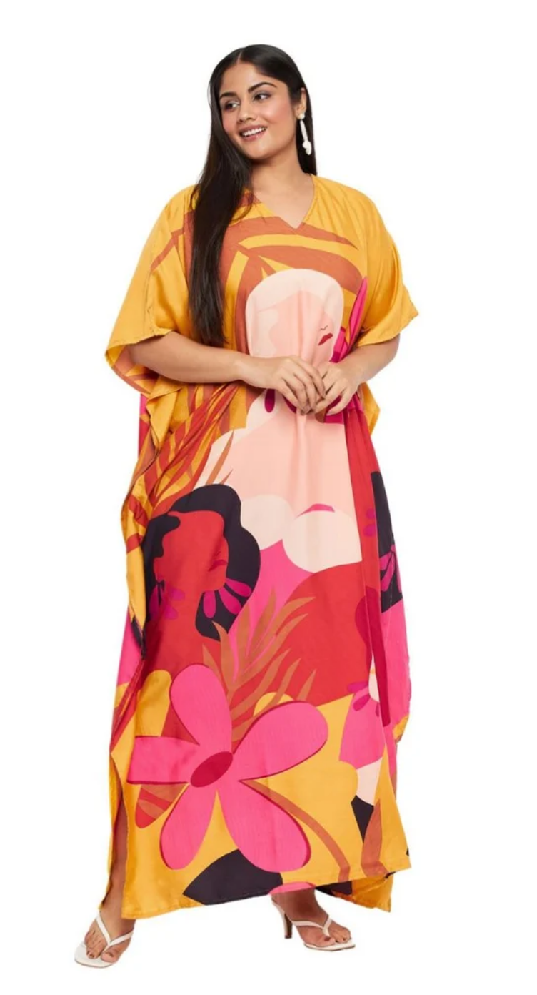 GypsieBlu Mustard Multicolor Polyester Plus Size Kaftan for Women V-Neck 1X-3X - Tropical Floral Woman Portrait Print