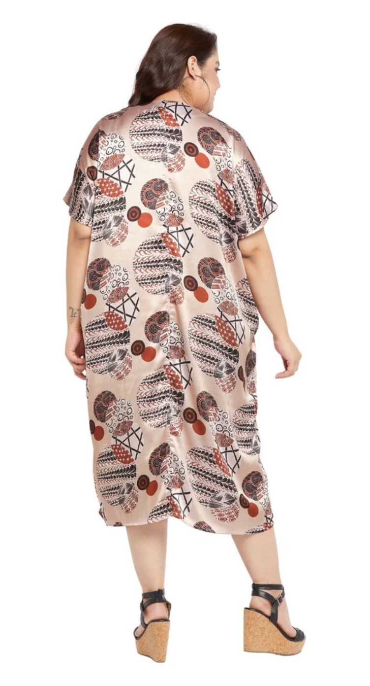 Beige Floral Geometric Satin Plus Size Kaftan Dress for Women 1X-3X V Neck | GypsieBlu