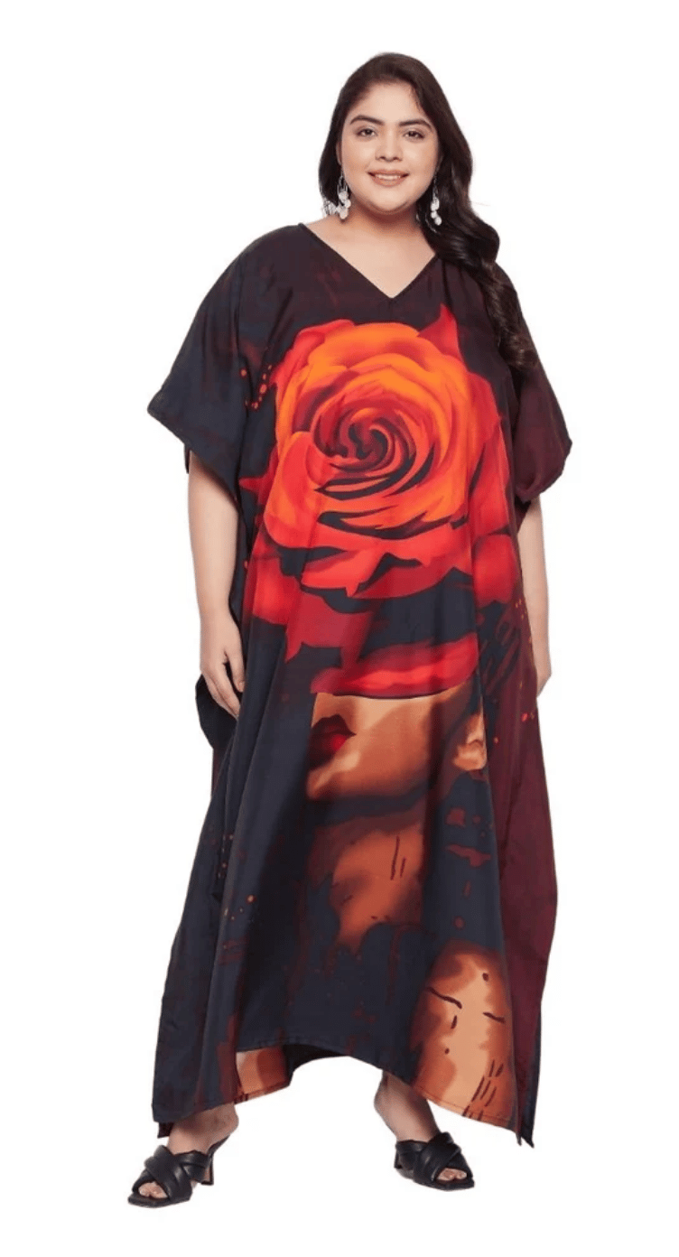 Maroon Red Rose Polyester Plus Size Kaftan for Women 1X-3X | GypsieBlu