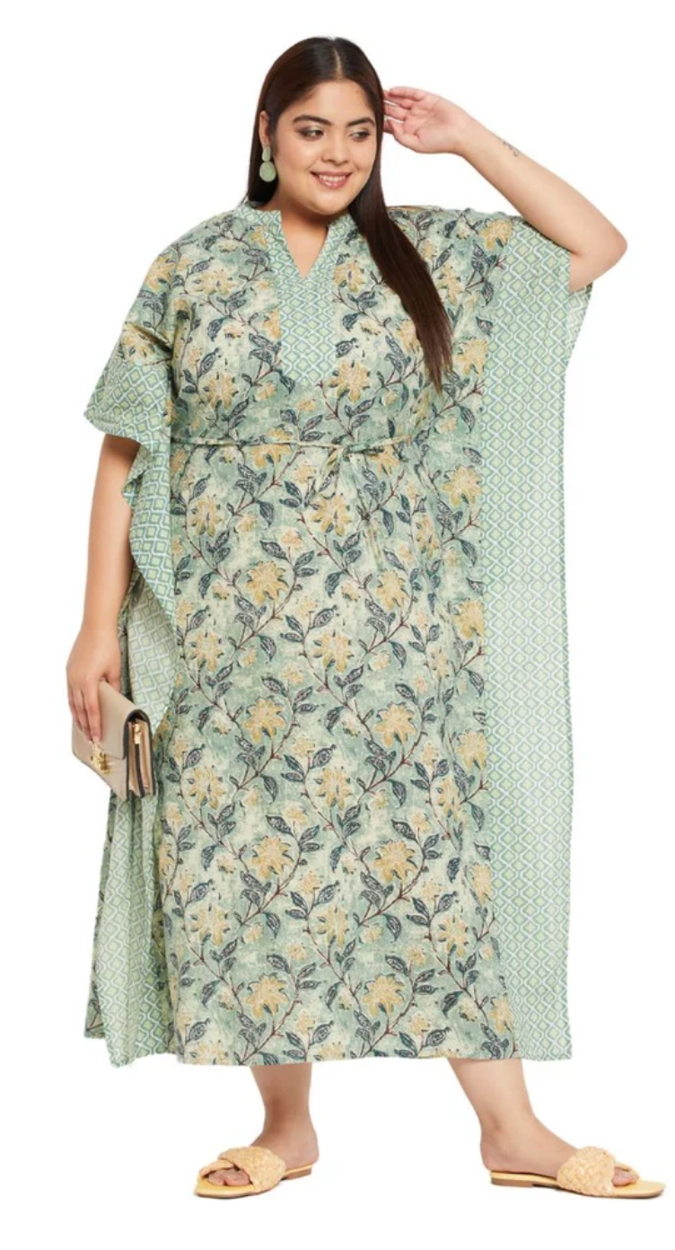 GypsieBlu Green Floral Plus Size Cotton Kaftan Dress for Women 3/4 Sleeve 1X-3X