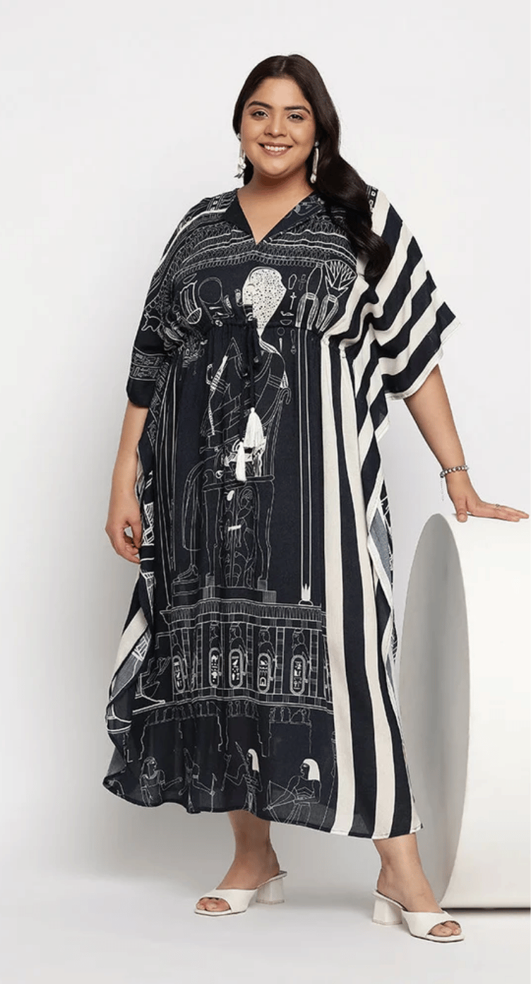 White Egyptian Hieroglyph Rayon Plus Size Kaftan for Women 1X-3X | GypsieBlu
