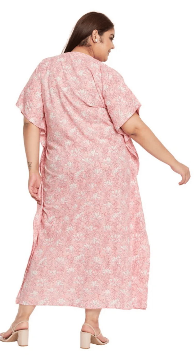 GypsieBlu Pink Floral Plus Size Cotton Kaftan Dress for Women 3/4 Sleeve 1X-3X