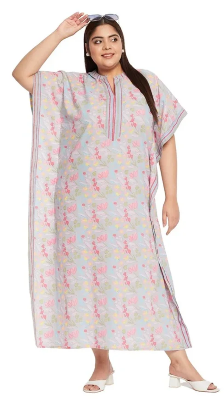 GypsieBlu Gray Floral Plus Size Cotton Kaftan Dress for Women 3/4 Sleeve 1X-3X
