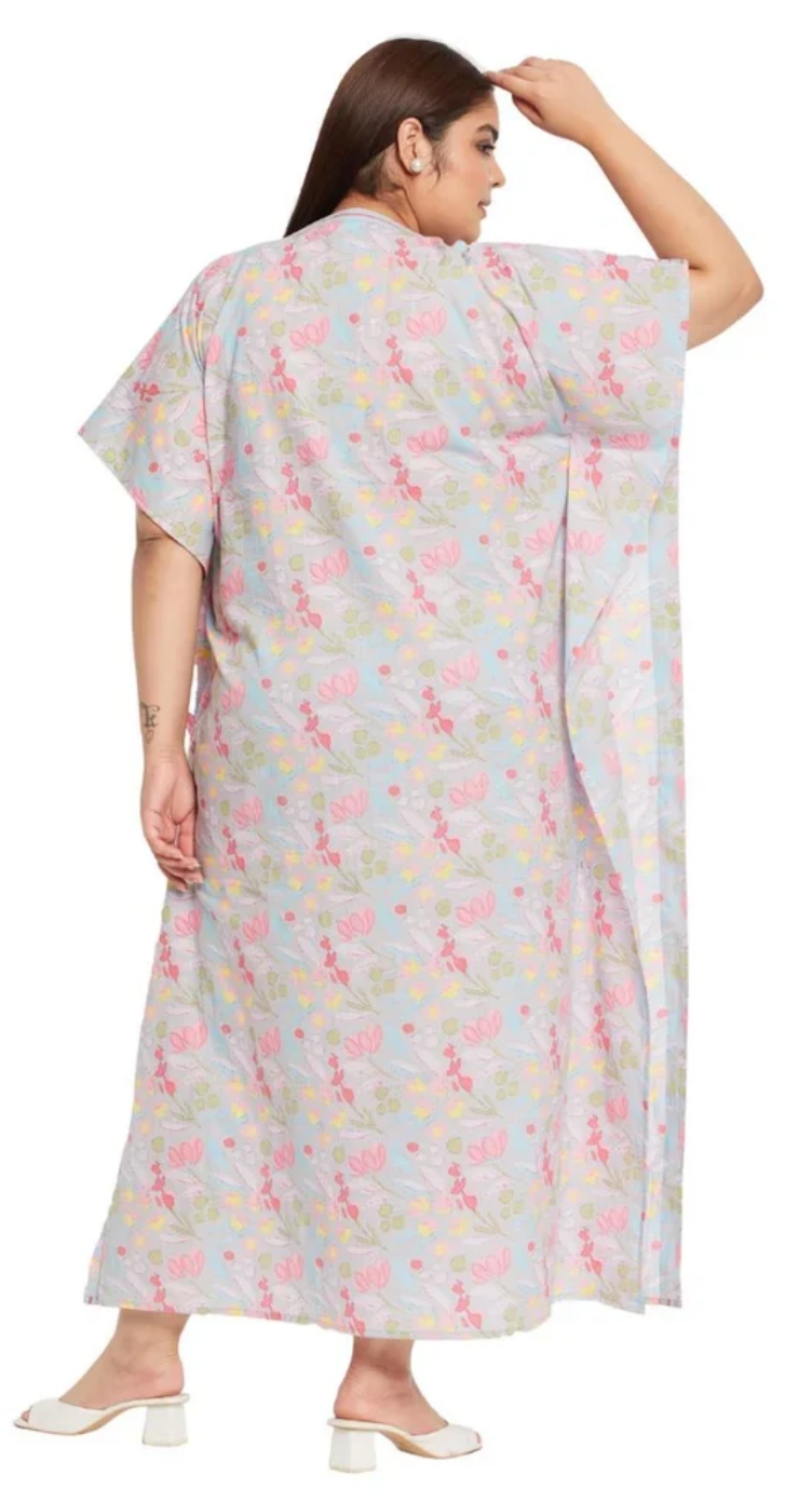 GypsieBlu Gray Floral Plus Size Cotton Kaftan Dress for Women 3/4 Sleeve 1X-3X