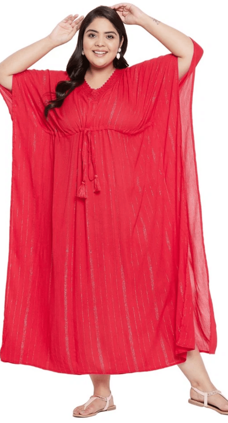 GypsieBlu Red Rayon Plus Size Lurex Kaftan Dress for Women Kimono Sleeve 1X-3X