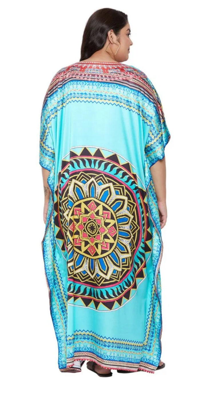 GypsieBlu Turquoise Plus Size Satin Kaftan Dress for Women Kimono Sleeve 1X-3X