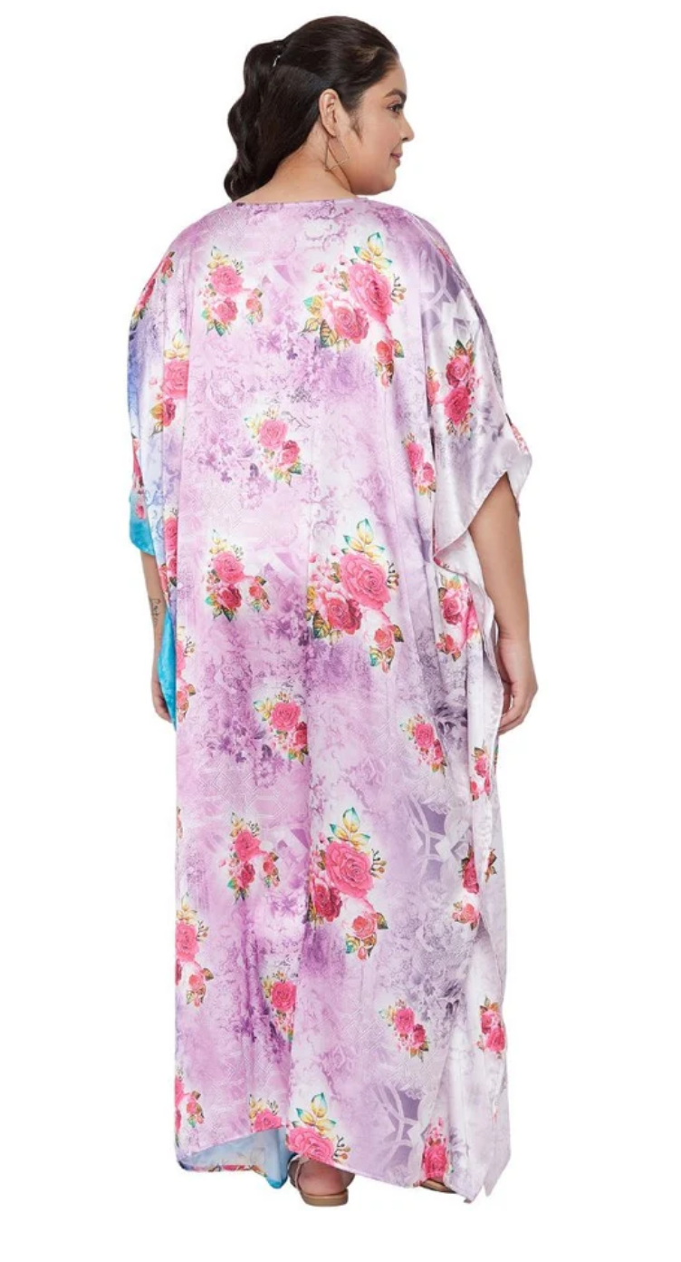 Pink Floral Tie-Dye Rose Satin Plus Size Kaftan Dress for Women 1X-3X 3/4 Sleeve | GypsieBlu