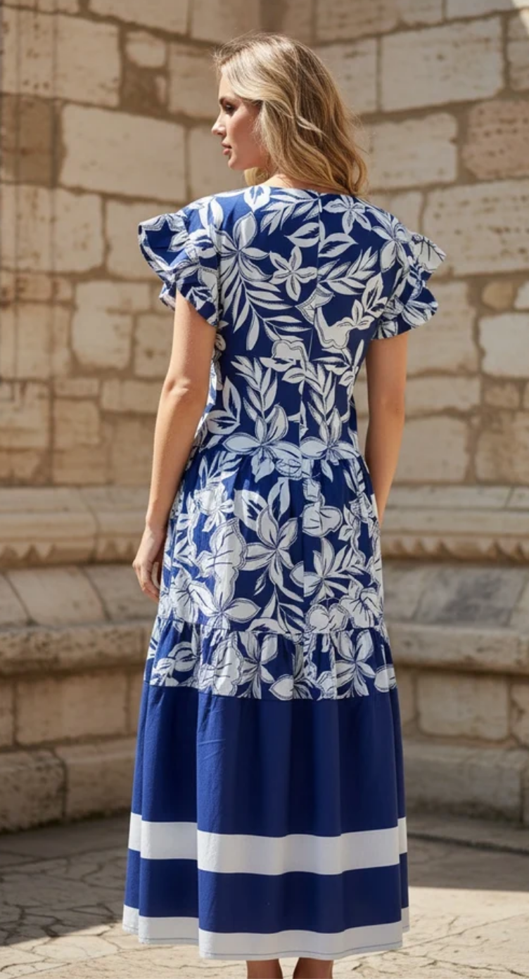 Blue Floral Cotton Midi Dress for Women S-XL Short Sleeve V Neck | GypsieBlu