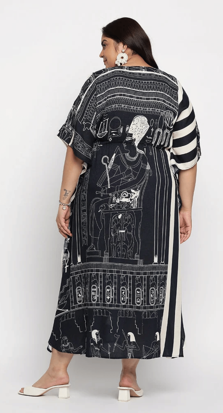 White Egyptian Hieroglyph Rayon Plus Size Kaftan for Women 1X-3X | GypsieBlu