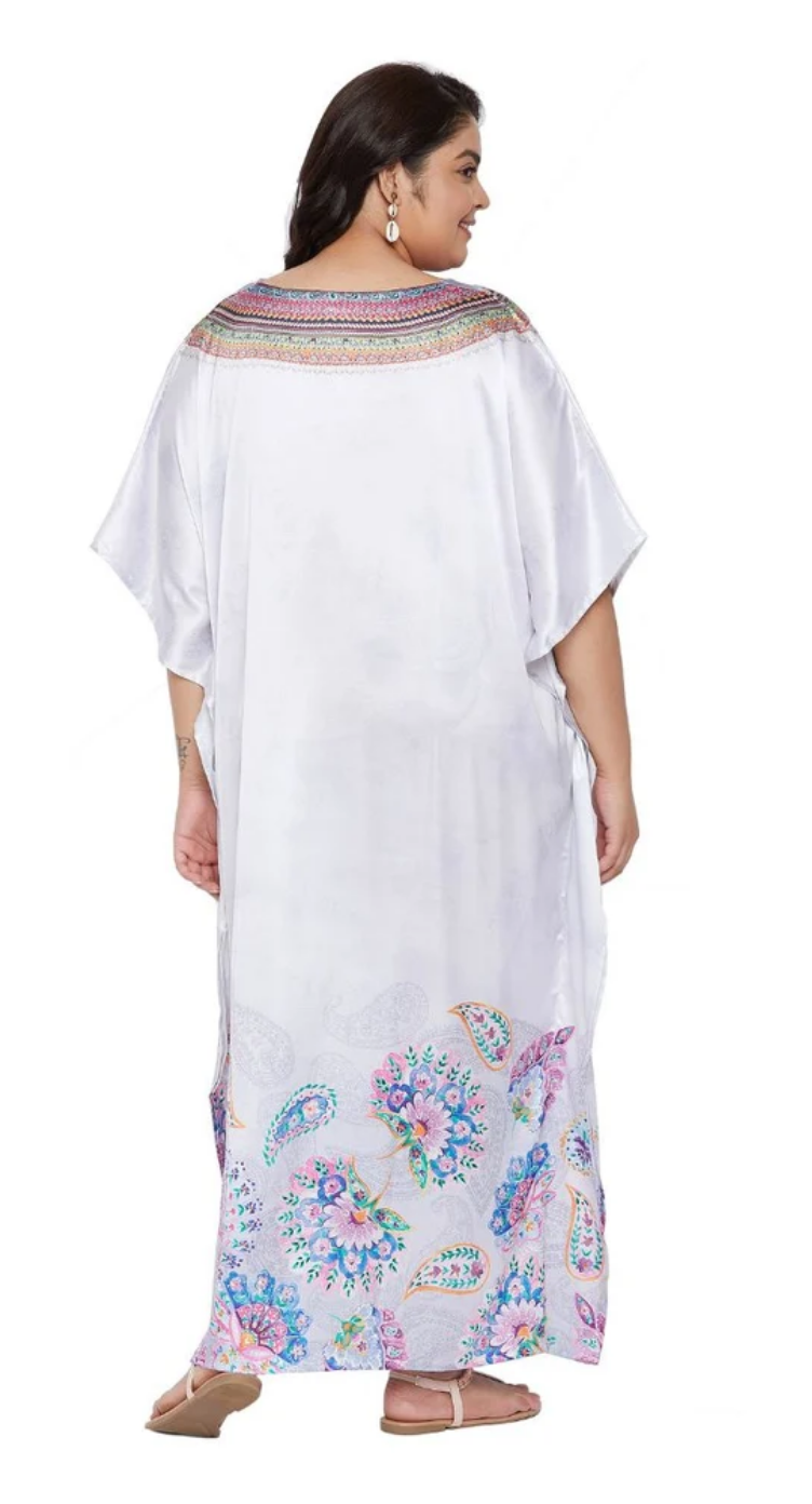 White Floral & Paisley Satin Plus Size Kaftan Dress for Women 1X-3X | GypsieBlu