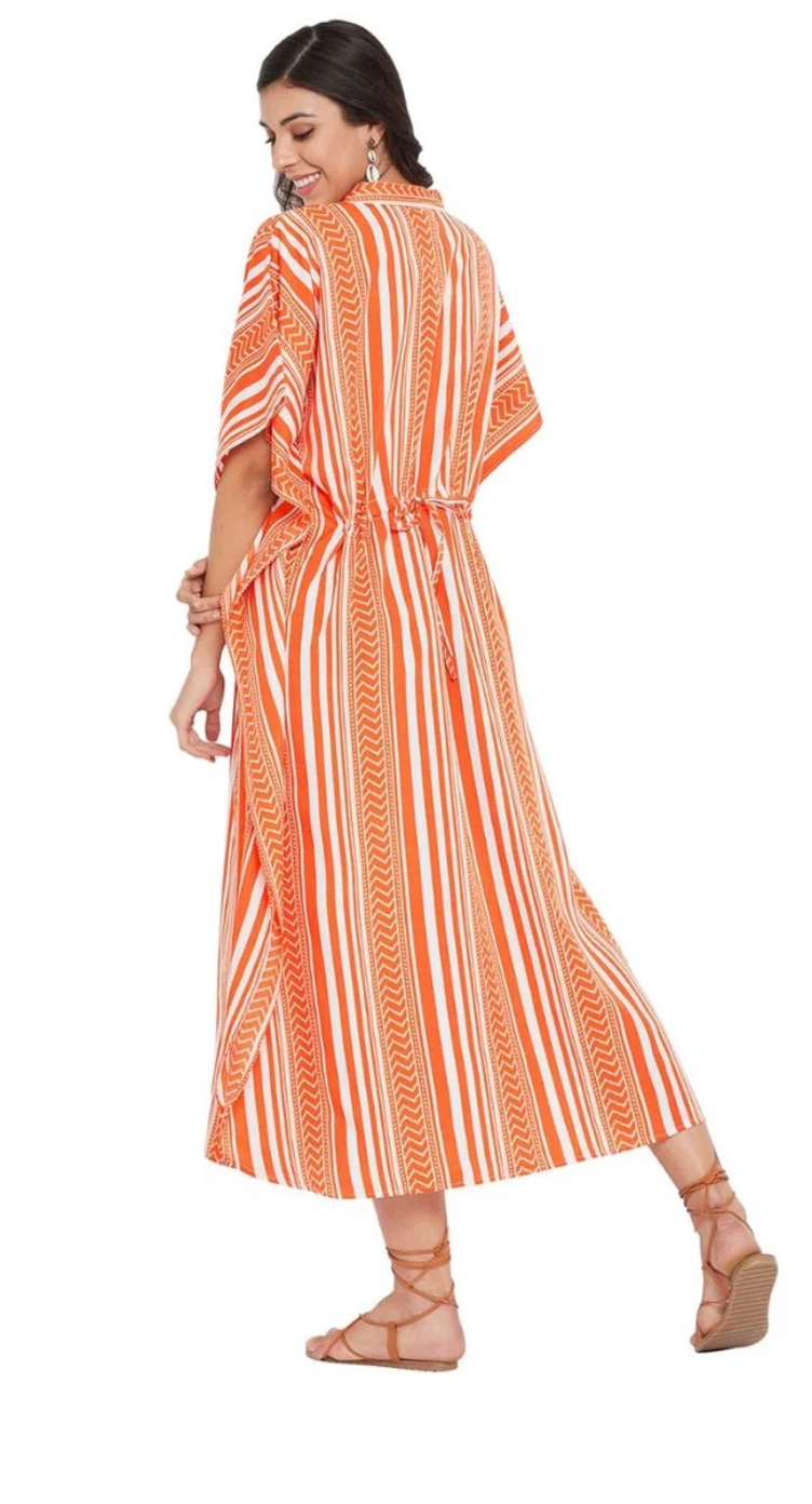 GypsieBlu Orange Polyester Plus Size Button Kaftan for Women Kimono Sleeve 1X-3X