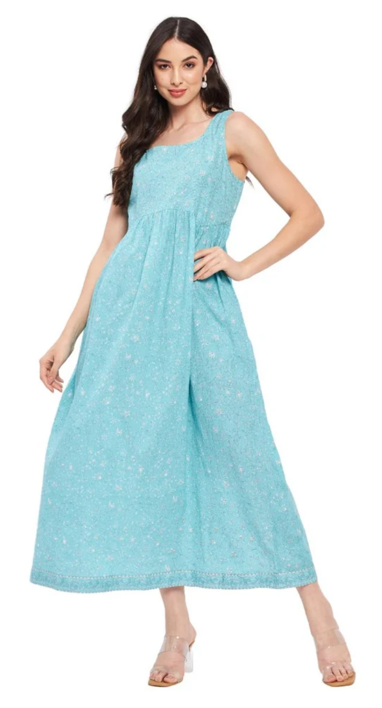Ditsy Turquoise Floral Cotton Maxi Dress for Women S-XL Sleeveless | GypsieBlu