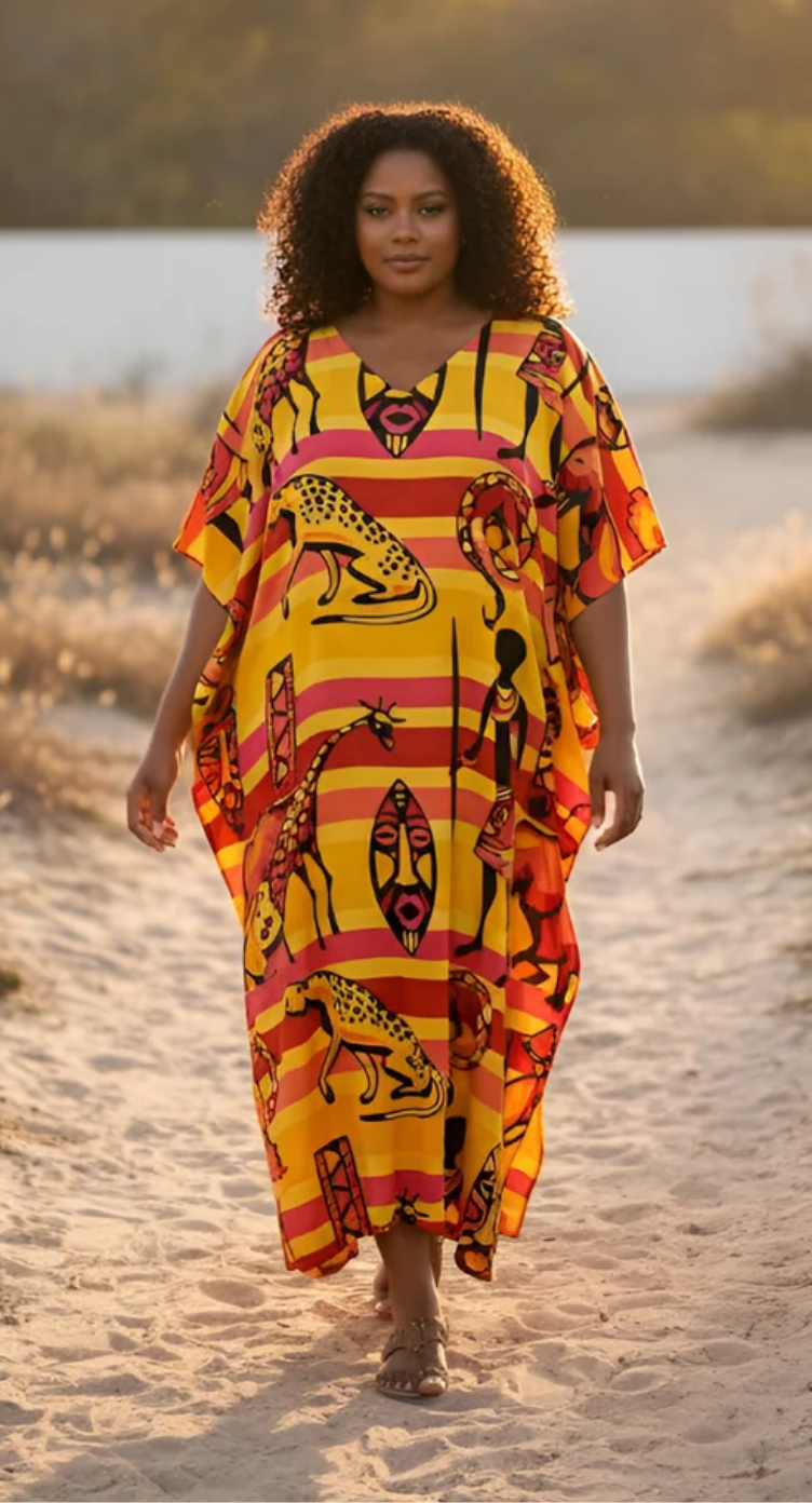 Yellow Tribal Safari Polyester Plus Size Kaftan for Women 1X-3X | GypsieBlu