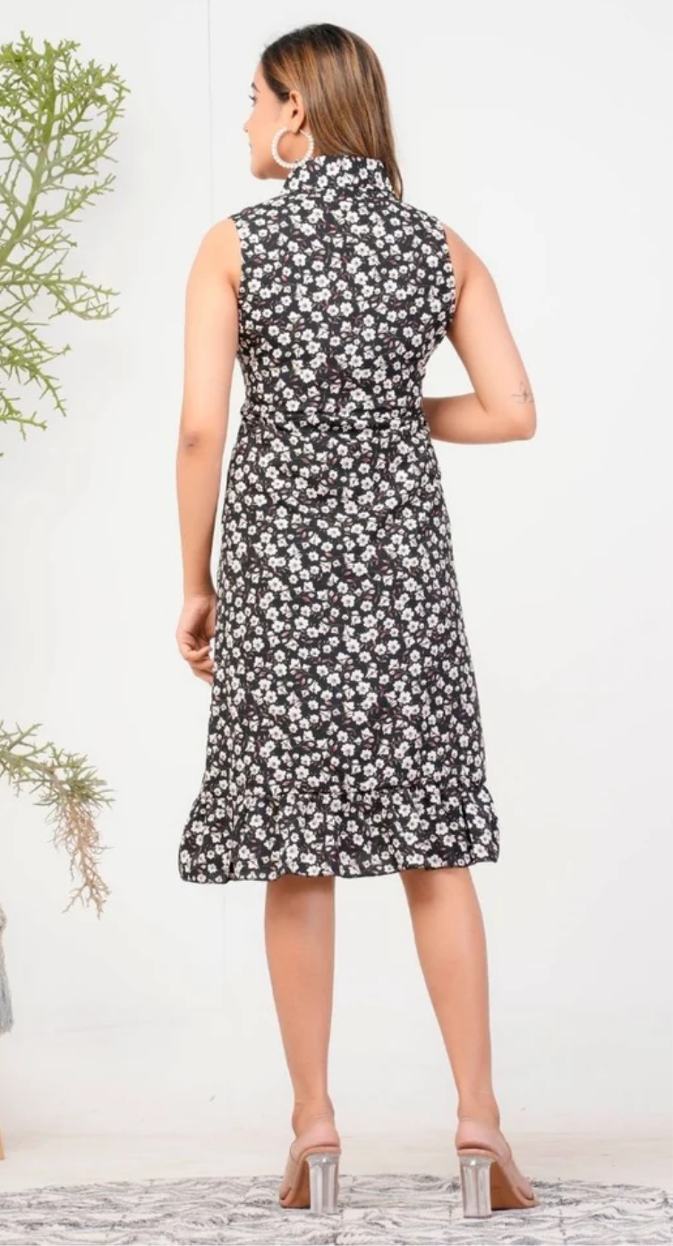Black & White Floral Polyester V-Neck Midi Dress for Women S-XL Sleeveless | GypsieBlu