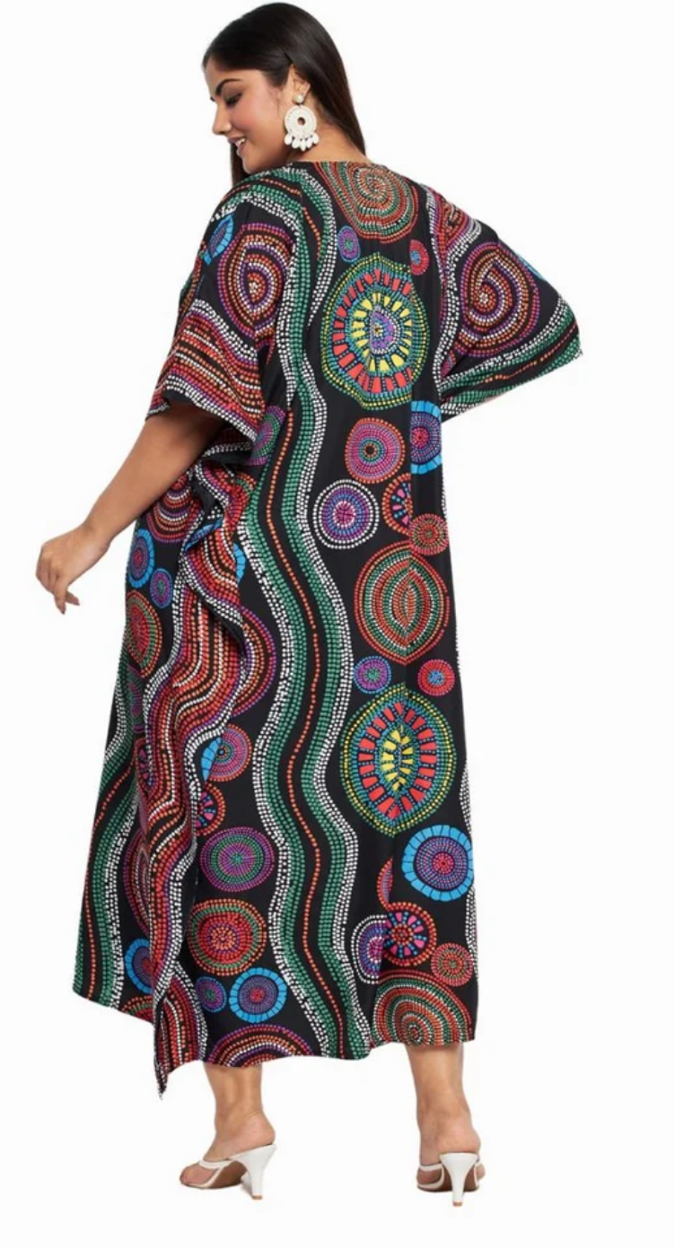 Black Aboriginal Dot Polyester Plus Size Kaftan for Women 1X-3X | GypsieBlu