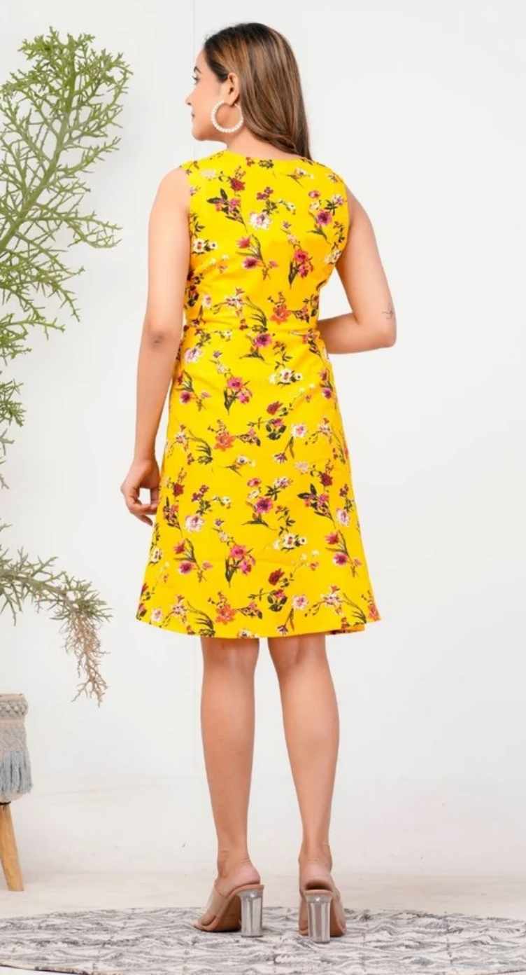 Yellow Floral Polyester Midi Dress for Women S-XL Sleeveless | GypsieBlu