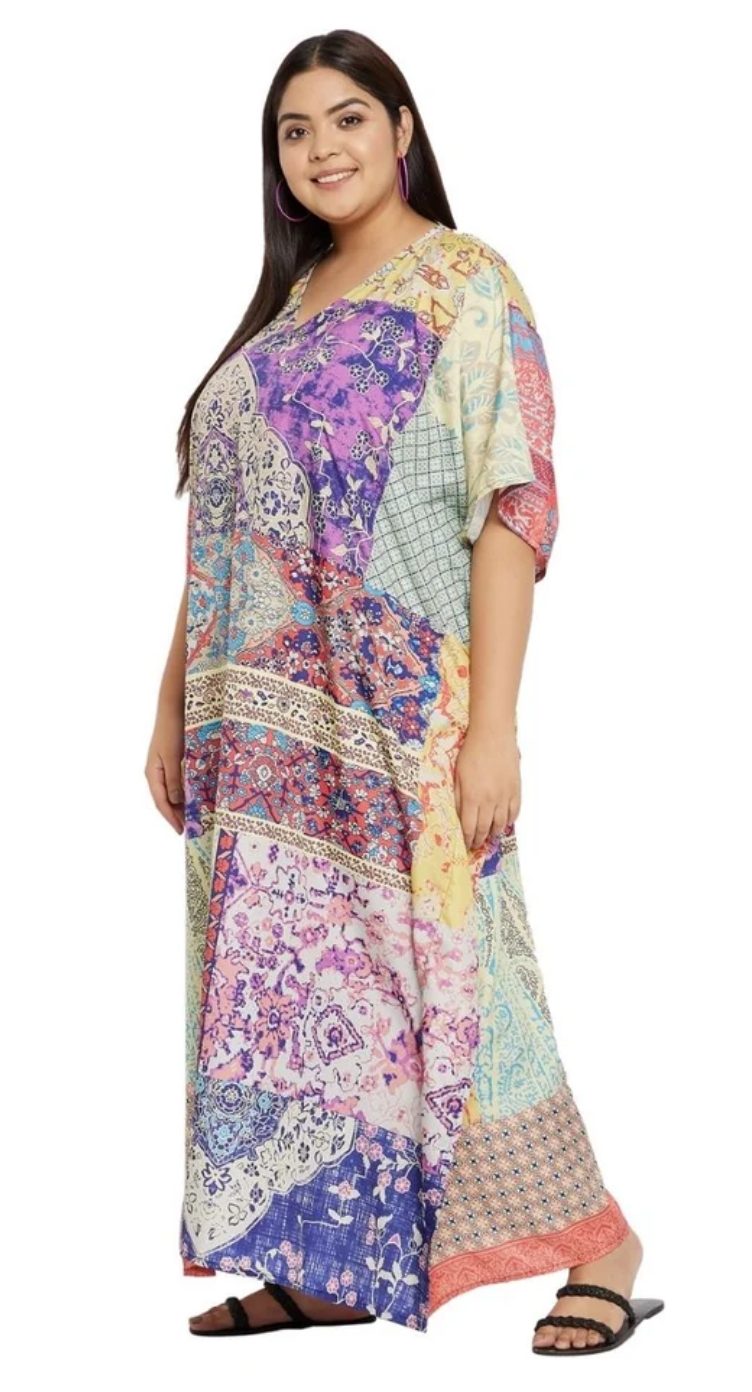 Floral Boho Patchwork Polyester Plus Size Kaftan for Women 1X-3X | GypsieBlu