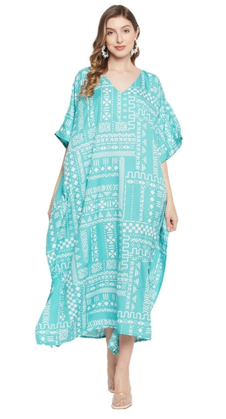 Turquoise Tribal Patchwork Polyester Plus Size Kaftan for Women 1X-3X | GypsieBlu