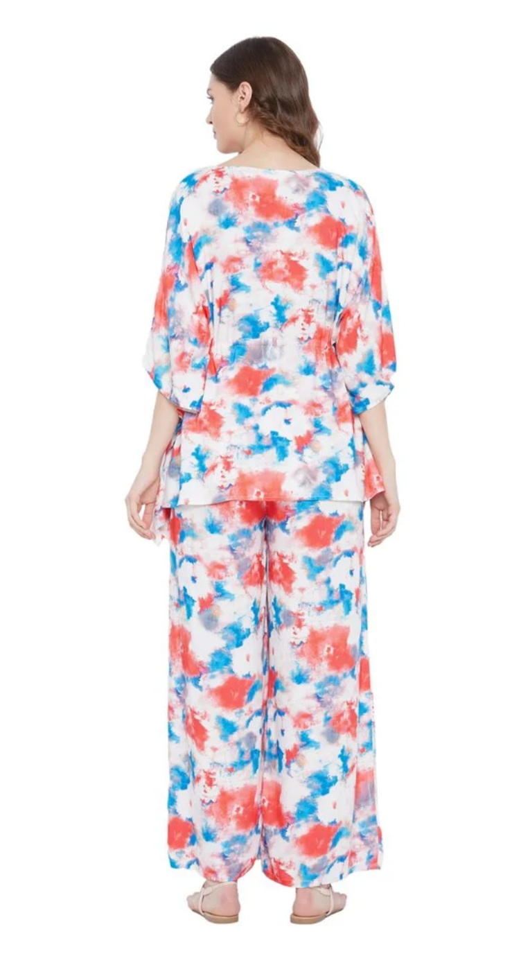Red & Blue Watercolor Stain Rayon Co-ord Set for Women S-3X | GypsieBlu