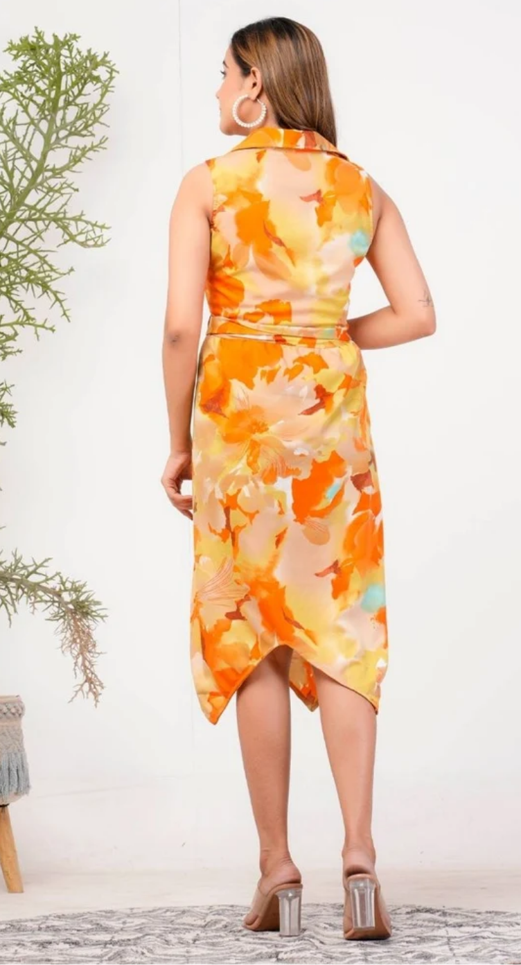 Orange Floral Polyester Midi Dress for Women S-XL | GypsieBlu