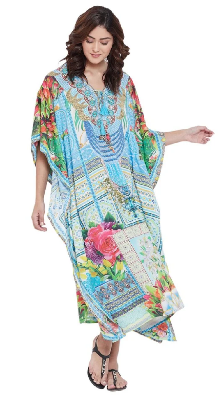 Sky Floral Polyester Plus Size Kaftan Dress for Women 1X-3X | GypsieBlu