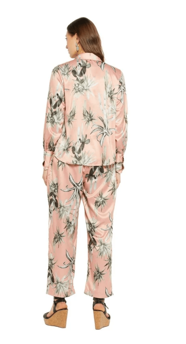 Beige Floral Satin Co-ord Set for Women S-XL Long Sleeve | GypsieBlu