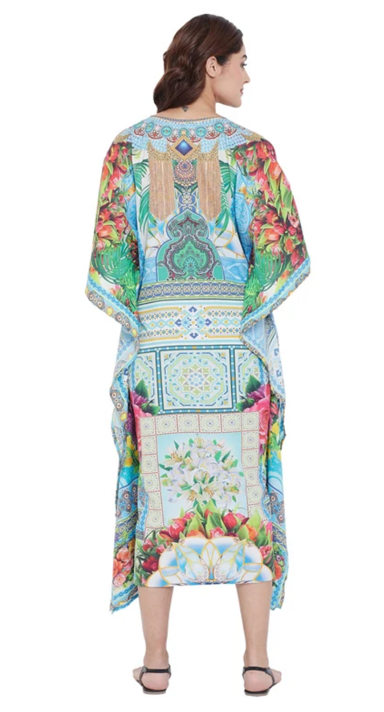 Sky Floral Polyester Plus Size Kaftan Dress for Women 1X-3X | GypsieBlu