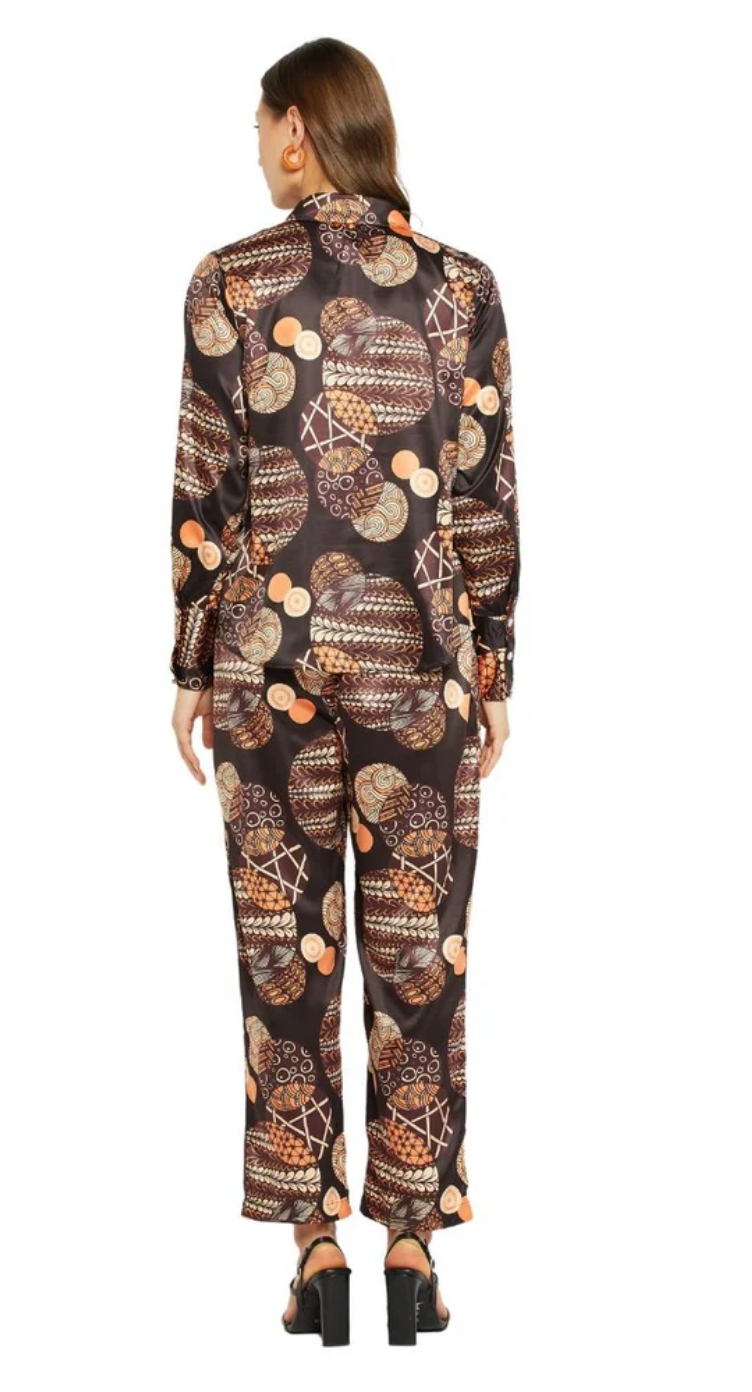 Black Geometric Satin Co-ord Set for Women S-XL Long Sleeve | GypsieBlu