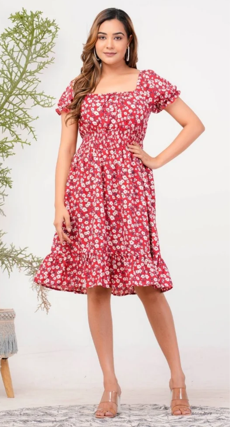 Red Floral Polyester Midi Dress for Women S-XL Short Sleeve | GypsieBlu