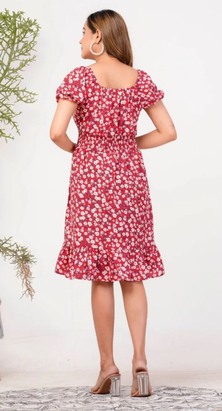 Red Floral Polyester Midi Dress for Women S-XL Short Sleeve | GypsieBlu