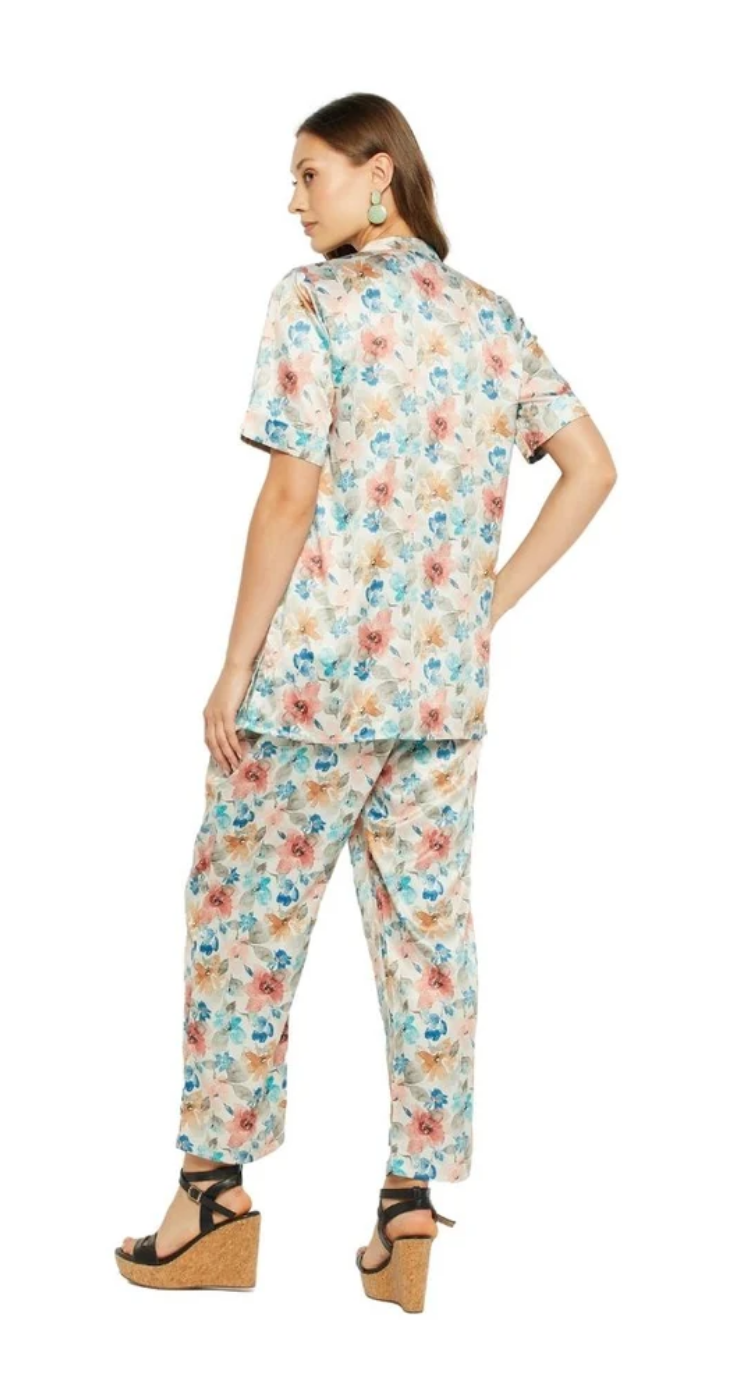 Multicolor Floral Satin Co-ord Set for Women S-XL Short Trumpet Sleeve | GypsieBlu