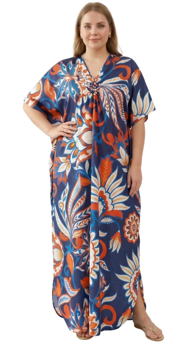 Navy Blue Floral Polyester Women Plus Size Kaftan Cruise Dress