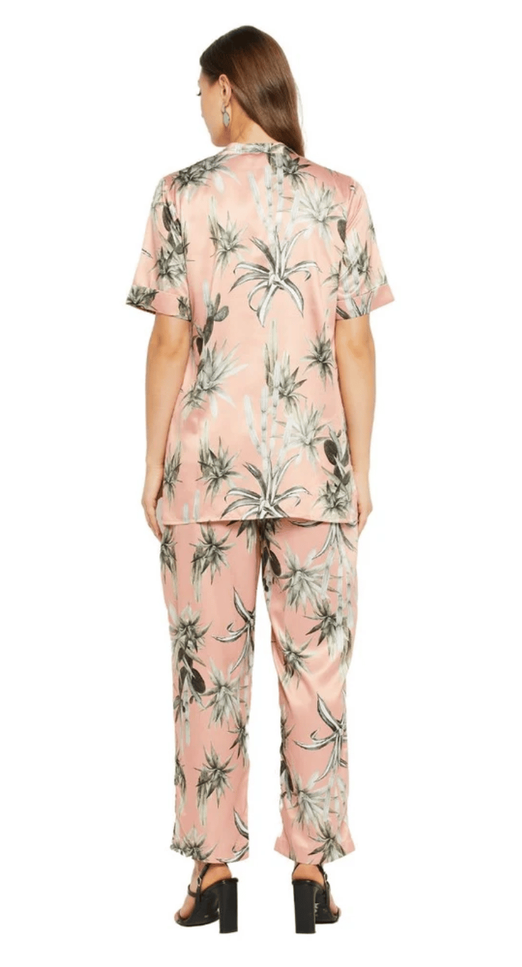 Beige Floral Satin Co-ord Set for Women S-XL Short Trumpet Sleeve | GypsieBlu
