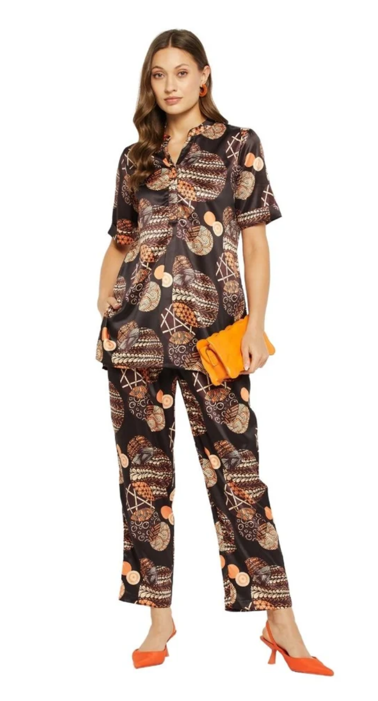 Black Geometric Satin Co-ord Set for Women S-XL Short Trumpet Sleeve | GypsieBlu