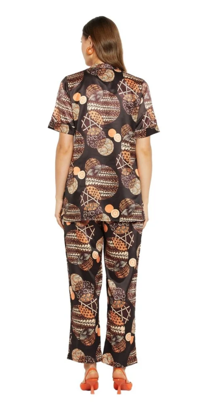 Black Geometric Satin Co-ord Set for Women S-XL Short Trumpet Sleeve | GypsieBlu