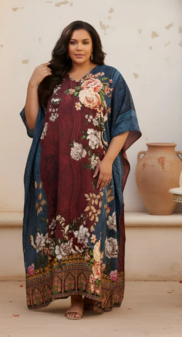 Maroon Floral Border Polyester Plus Size Kaftan for Women 1X-3X 3/4 Sleeve | GypsieBlu