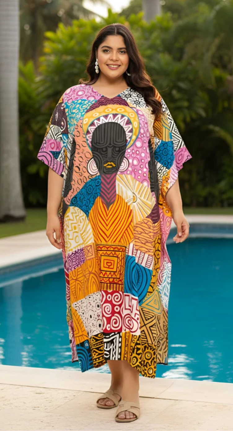 Multicolor Tribal Patchwork Polyester Plus Size Kaftan for Women 1X-3X | GypsieBlu