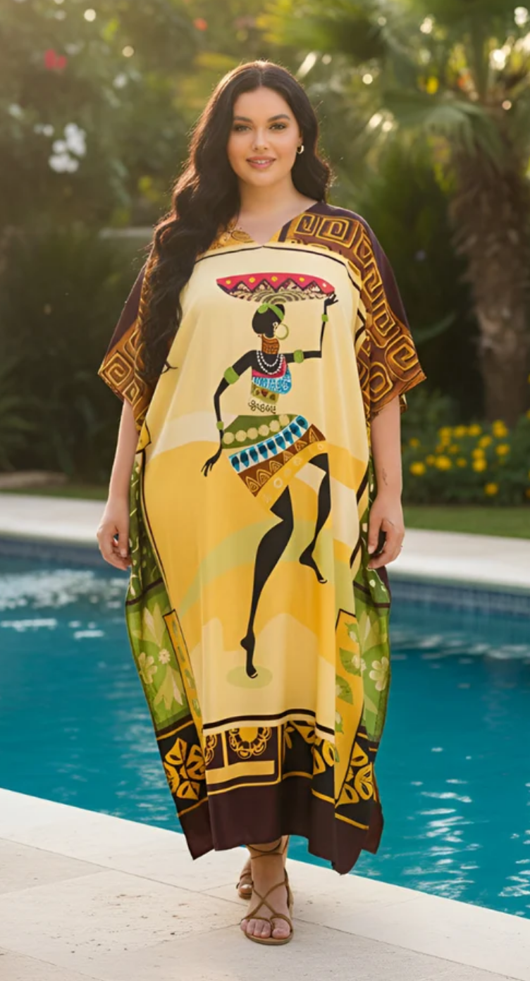 Yellow African Dancer Polyester Plus Size Kaftan for Women 1X-3X | GypsieBlu