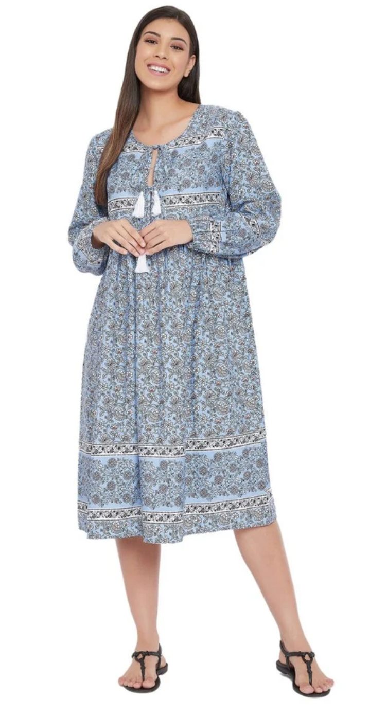 Blue Cotton Dress for Women S-XL Long Sleeve | GypsieBlu