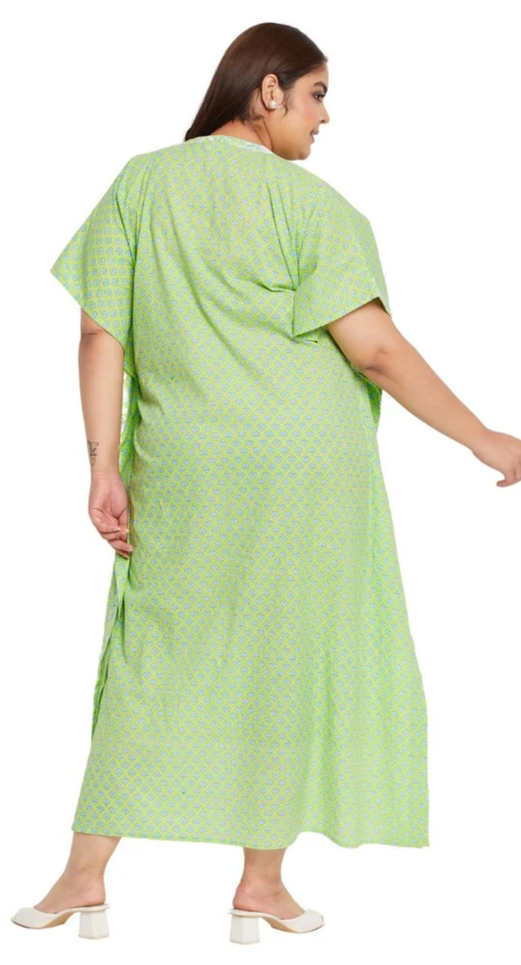 GypsieBlu Neon Green Floral Plus Size Cotton Kaftan Dress for Women 3/4 Sleeve 1X-3X