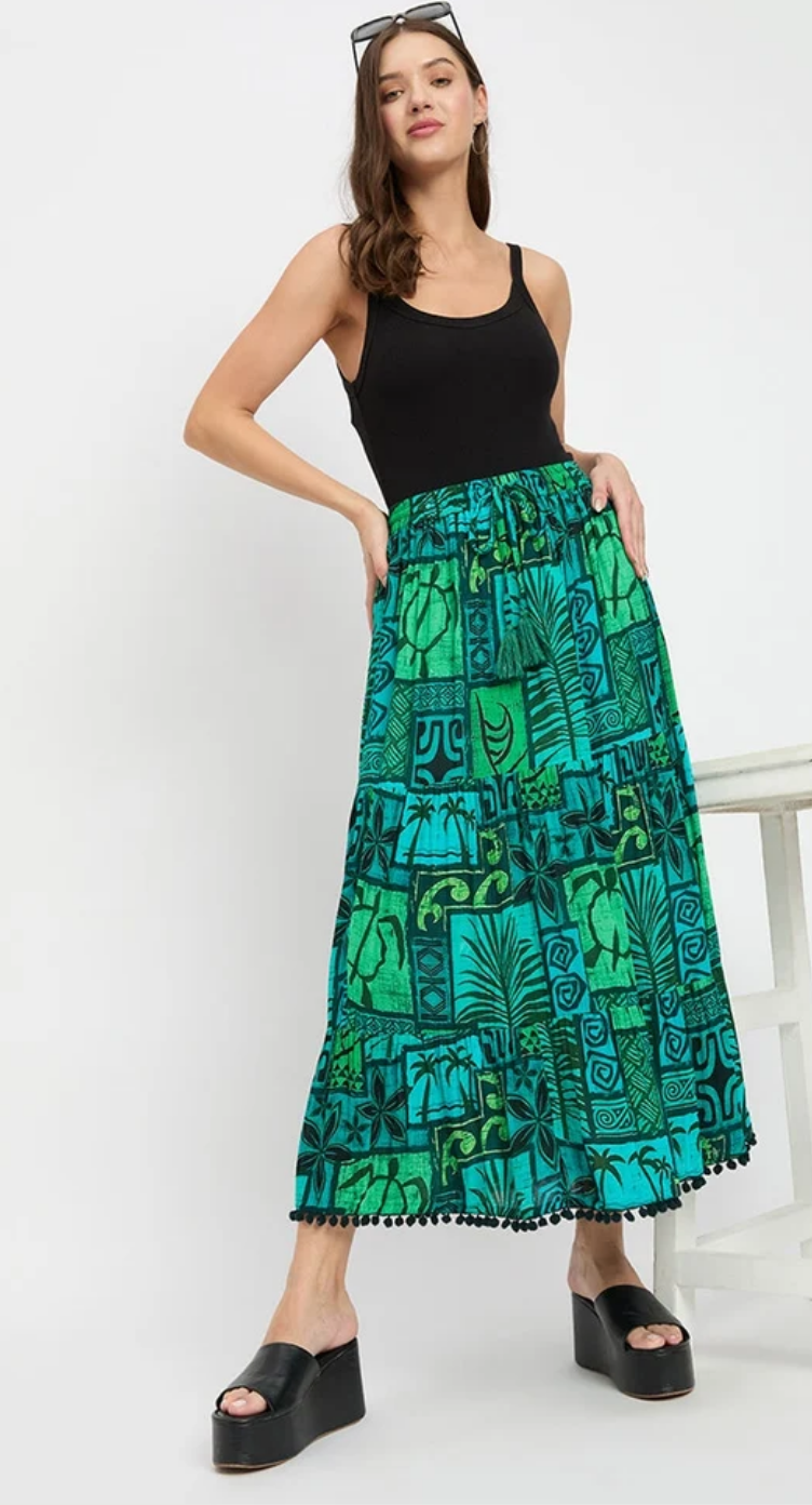 Green Tiki Patchwork Rayon Skirt for Women S-XL | GypsieBlu